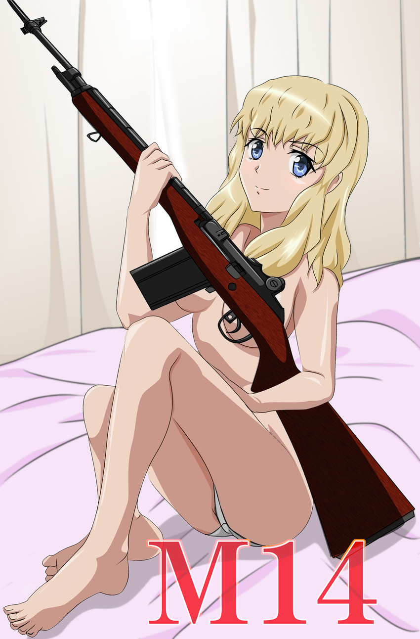 barefoot battle_rifle bed blonde_hair blue_eyes breasts gentoku gun highres long_hair long_legs m14 m14_(upotte!!) panties rifle sitting small_breasts solo topless underboob underwear upotte!! weapon white_panties