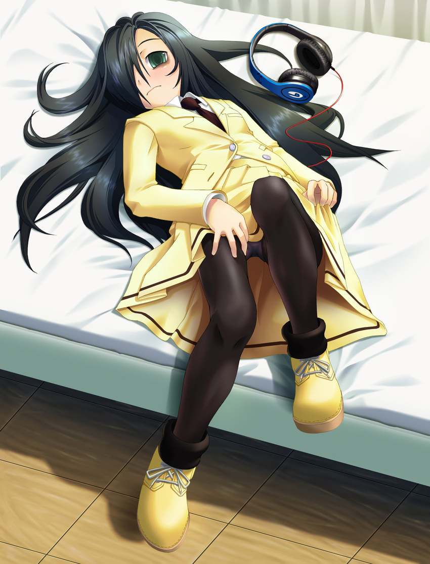 bags_under_eyes beats_by_dr._dre bed black_hair black_legwear blazer boots collared_shirt commentary_request cross-laced_footwear da_phase dress_shirt full_body green_eyes hair_over_one_eye headphones headphones_removed highres indoors jacket kuroki_tomoko leg_lift long_hair lying messy_hair miniskirt necktie on_back panties panties_under_pantyhose pantyhose pantyshot pantyshot_(lying) pleated_skirt product_placement red_neckwear ringed_eyes school_uniform shirt shoes skirt solo underwear very_long_hair watashi_ga_motenai_no_wa_dou_kangaetemo_omaera_ga_warui! white_shirt wing_collar yellow_footwear yellow_jacket yellow_skirt