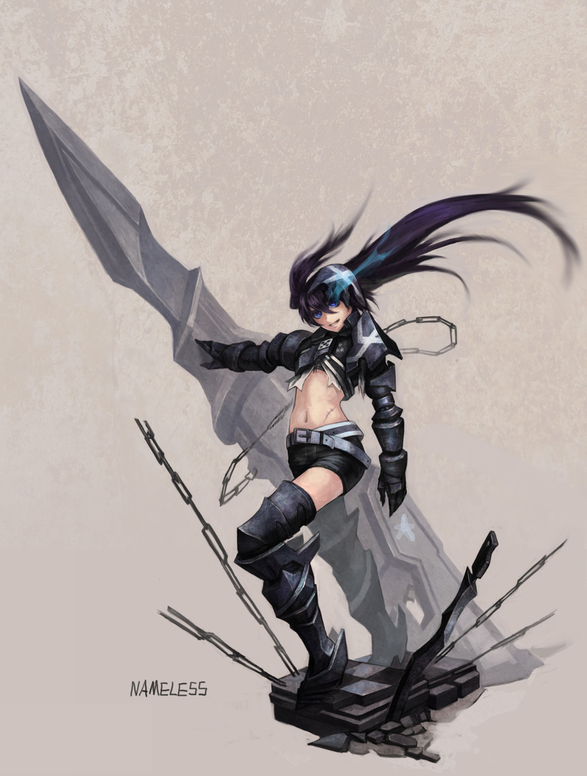 armor belt black_hair black_rock_shooter blue_eyes boots burning_eye chain gauntlets greaves highres huge_weapon insane_black_rock_shooter kote_(tures) long_hair looking_at_viewer midriff navel scar shorts smile solo twintails very_long_hair weapon