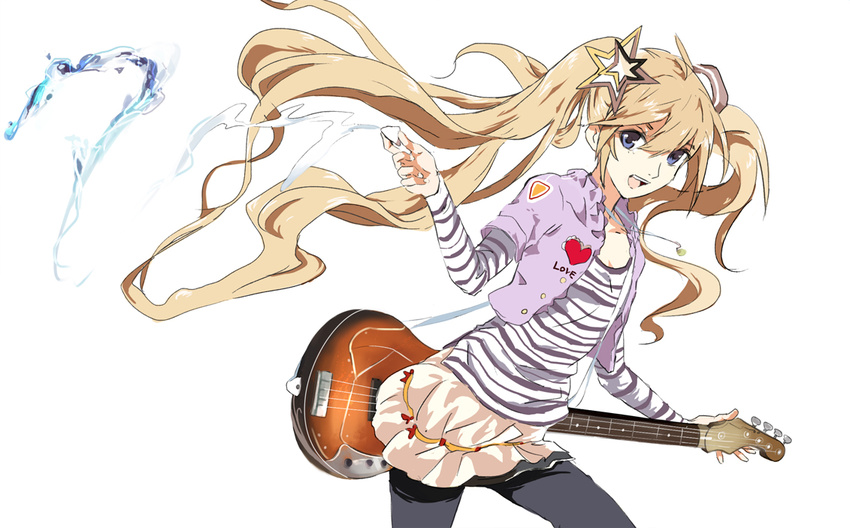 alternate_hair_color blonde_hair electric_guitar floating_hair guitar hatsune_miku heart instrument jewelry long_hair necklace ooi_choon_liang open_mouth pantyhose plectrum simple_background skirt solo striped twintails very_long_hair vocaloid white_background