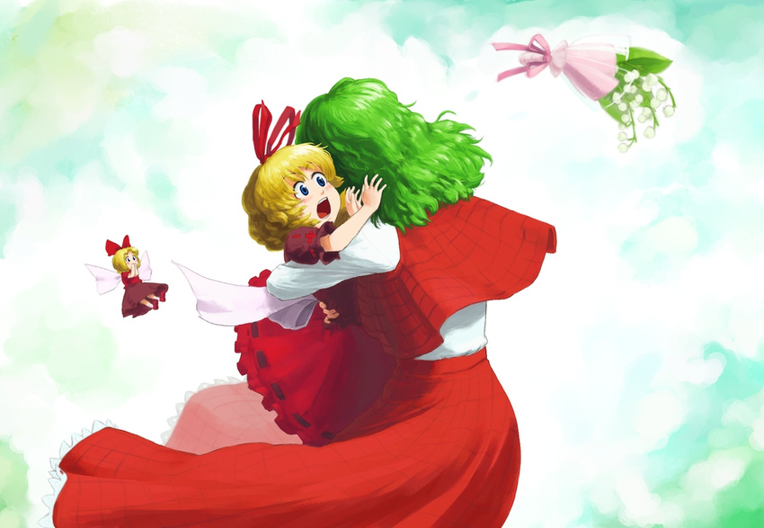 blonde_hair blue_eyes bouquet bow flower flying green_hair hair_bow hair_ribbon hand_to_own_mouth hug kazami_yuuka kihou_kanshouzai lily_of_the_valley medicine_melancholy multiple_girls open_mouth ribbon shirt short_hair skirt skirt_set su-san touhou vest wide-eyed wings