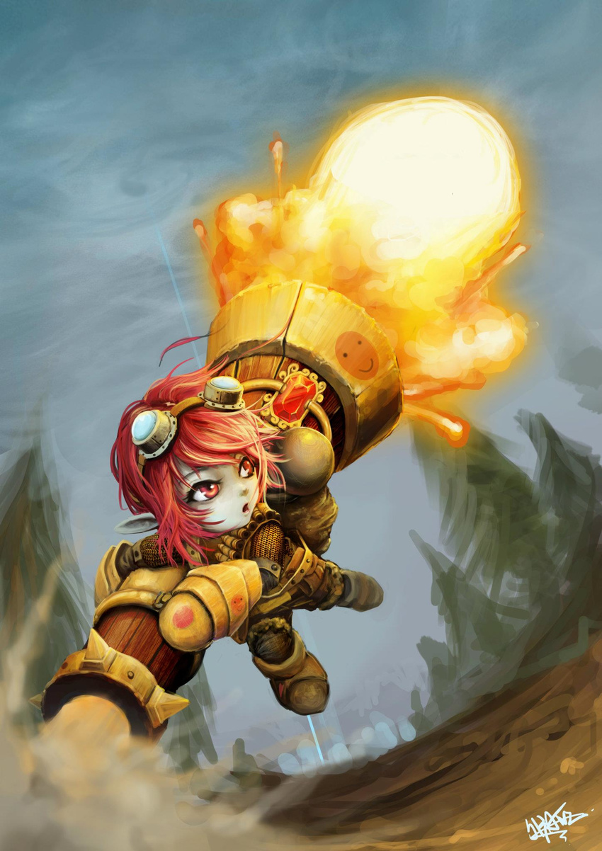 :o armor artist_request blue_skin explosion goggles highres league_of_legends pointy_ears red_eyes red_hair short_hair smiley_face solo tree tristana yordle