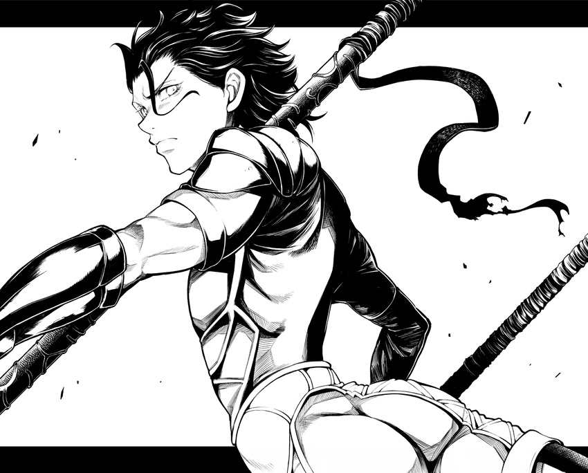 ahoge armor fate/zero fate_(series) gae_buidhe gae_dearg greyscale highres lancer_(fate/zero) letterboxed male_focus monochrome polearm solo spear uousa-ou weapon white_background