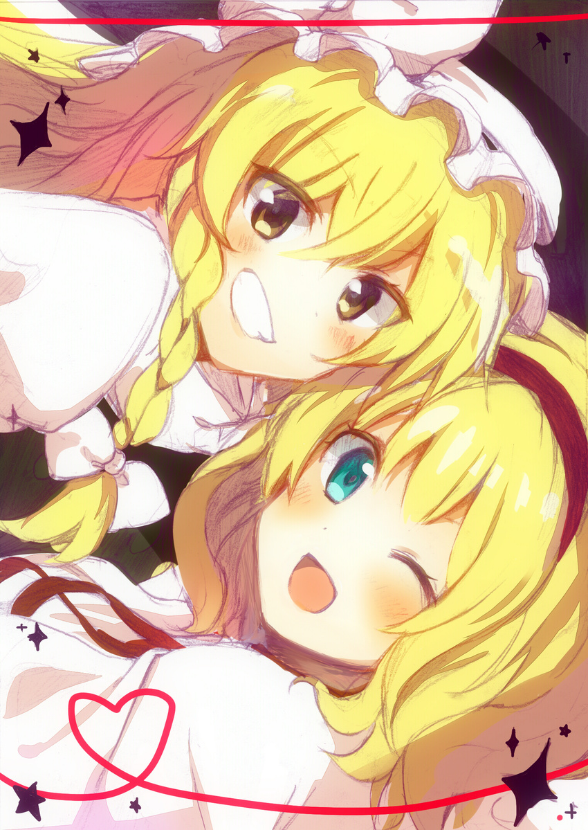 ;d alice_margatroid blonde_hair dutch_angle face graphite_(medium) grin heart heart_of_string highres k.ei kirisame_marisa mixed_media multiple_girls one_eye_closed open_mouth smile touhou traditional_media