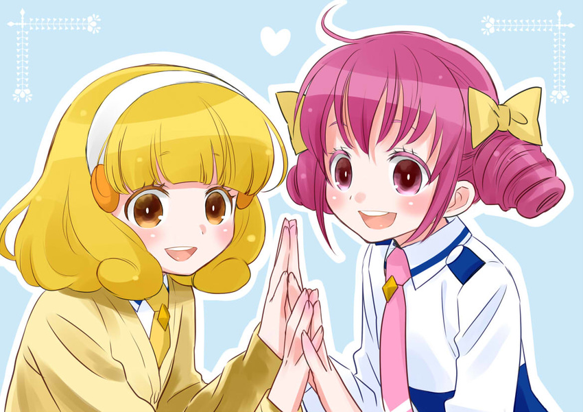 blonde_hair blush cardigan eyelashes hairband holding_hands hoshizora_miyuki kise_yayoi multiple_girls nanairogaoka_middle_school_uniform necktie ooshima_tomo open_mouth pink_eyes pink_hair pink_neckwear precure school_uniform short_hair smile smile_precure! sweater white_hairband yellow_eyes