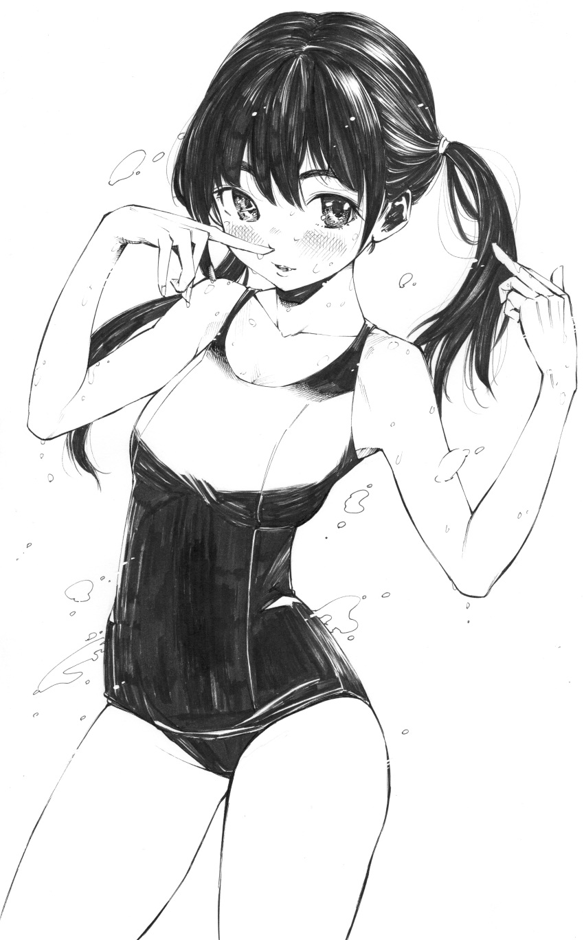 1girl absurdres bangs blush breasts commentary_request contrapposto gagaimo greyscale groin hands_up highres medium_breasts monochrome one-piece_swimsuit original pointing pointing_at_self simple_background solo swimsuit thighs twintails wet