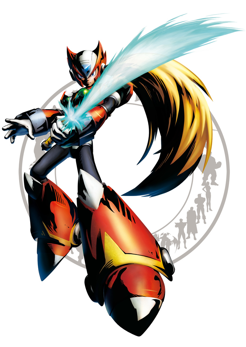 absurdres blonde_hair capcom full_body helmet highres marvel marvel_vs._capcom marvel_vs._capcom_3 marvel_vs_capcom marvel_vs_capcom_3 mori_toshiaki official_art rockman rockman_x silhouette simple_background solo weapon zero zero_(rockman)