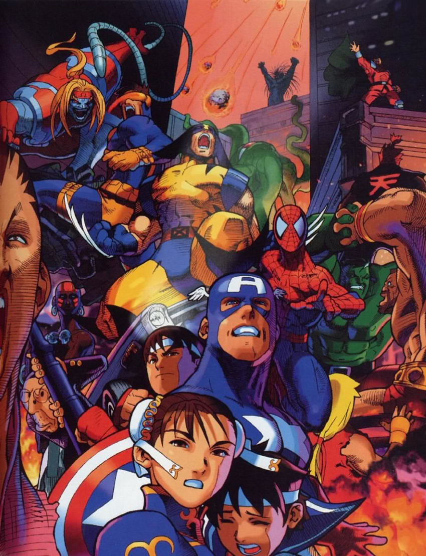 2girls 6+boys 90s america angry bengus blackheart_(marvel) capcom captain_america chun-li cyclops_(x-men) dhalsim everyone gouki hibiki_dan highres hulk kasugano_sakura ken_masters m_bison marvel marvel_super_heroes_vs._street_fighter marvel_super_heroes_vs_street_fighter marvel_vs._capcom marvel_vs_capcom multiple_boys multiple_girls norimaro omega_red open_mouth ryuu_(street_fighter) scared shuma_gorath spider-man street_fighter vega wolverine zangief