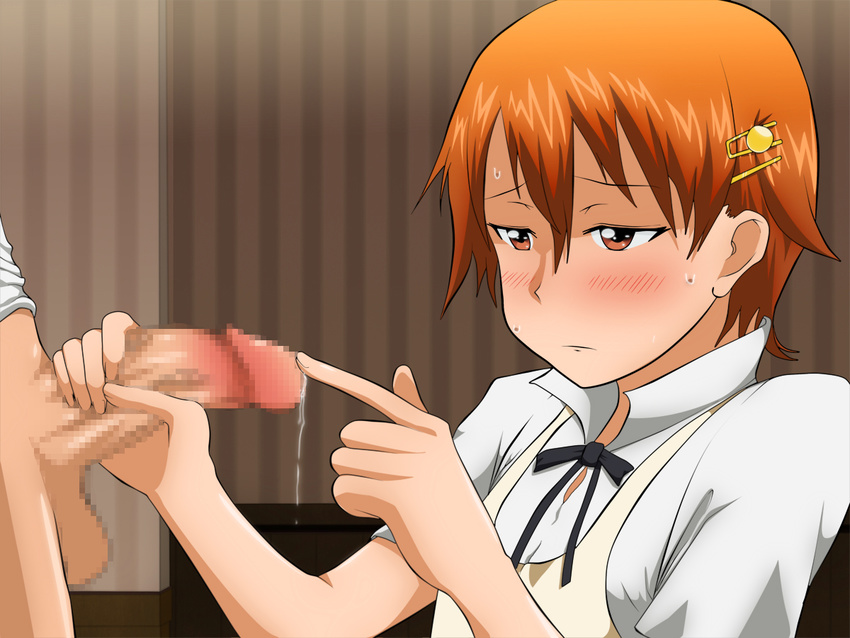 blush censored handjob inami_mahiru orange_hair penis short_hair sweat working!!