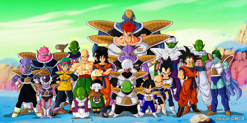 1girl absurdres armor bald black_hair blue_skin boots bulma burter cape captain_ginyu chaozu cloud dende dodoria dragon_ball facepaint fingers freeza frieza ginyu_force gloves green_hair green_skin guldo hat highres horns jeice kami kami-sama kuririn long_hair neil open_mouth orange_hair piccolo pink_skin recoome red_skin scar short_hair silver_hair sky smile son_gohan son_goku son_gokuu tail teeth tenshinhan thighhighs tongue topless vegeta yamcha zarbon