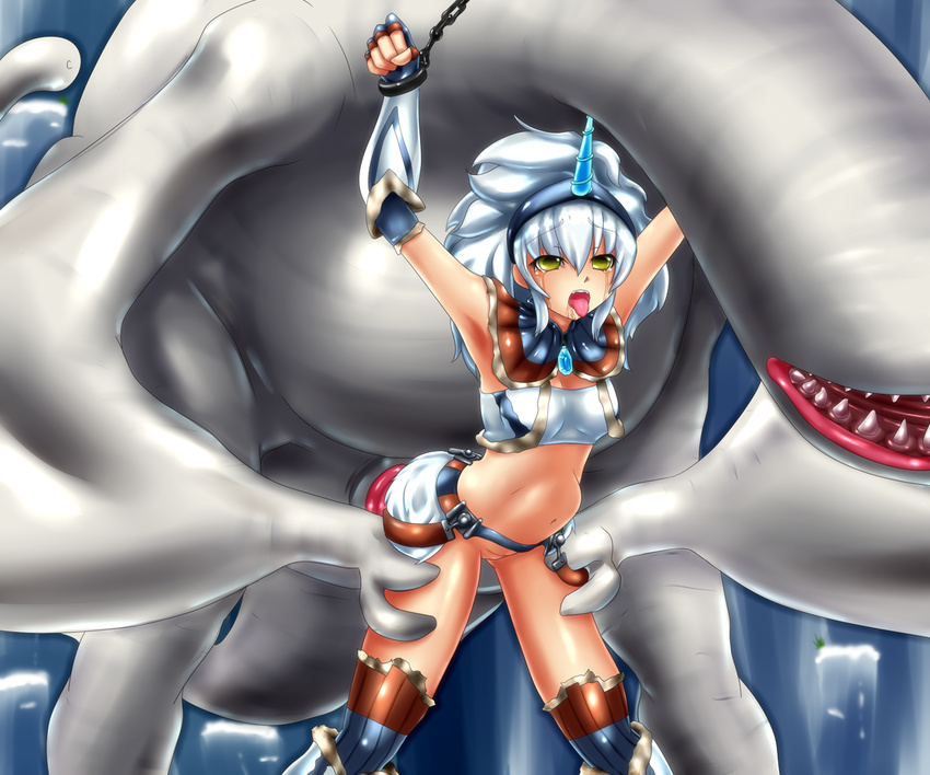 1girl armpits arms_up bdsm bent_over bestiality blush bondage bound capcom chains cum_inflation cum_inside gauntlets horn khezu kirin_(armor) long_hair midriff monster monster_hunter navel no_panties open_mouth overflow pixiv_manga_sample rape sex stomach_bulge suramo tears thighhighs tongue tongue_out tubetop vaginal white_hair yellow_eyes