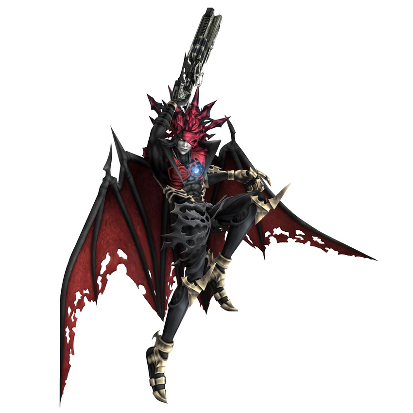 1boy black_hair cape chaos dirge_of_cerberus_final_fantasy_vii final_fantasy final_fantasy_vii flying full_body grey_skin gun highres male male_focus monster_boy official_art simple_background solo torn_clothes transparent_background vincent_valentine weapon white_background wings yellow_eyes