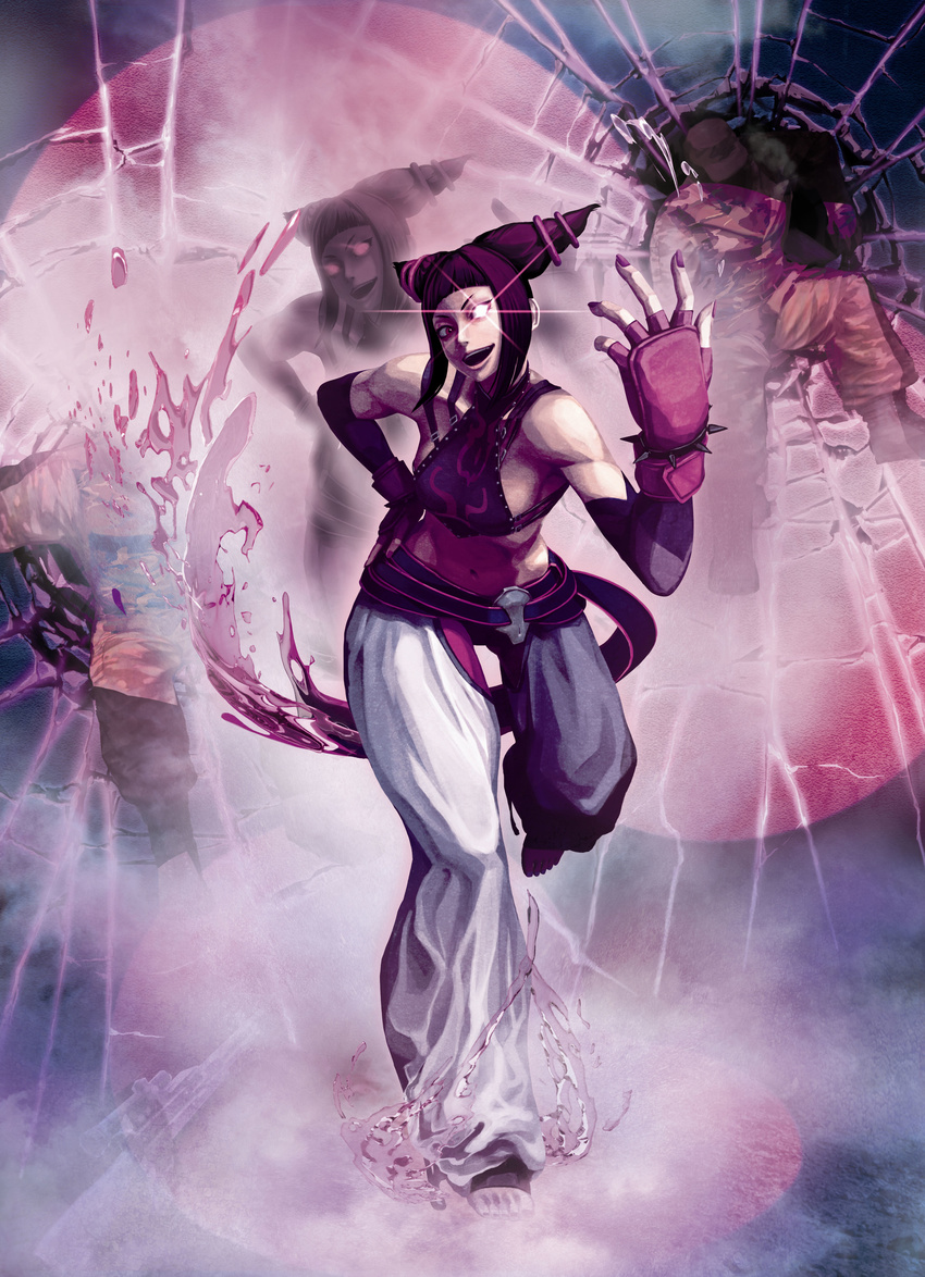 absurdres black_hair broken_glass capcom evil glass glowing glowing_eye han_juri highres nail_polish official_art rape_face rapeface street_fighter street_fighter_x_tekken