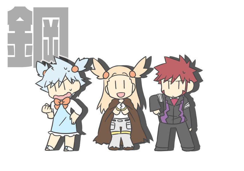 1girl 2boys artist_request brown_hair clothing_swap cosplay costume_switch daigo_(pokemon) grey_hair gym_leader mikan_(pokemon) multiple_boys pokemon red_hair steel tougan_(pokemon) tsuwabuki_daigo white_background