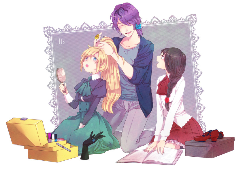 2girls blonde_hair blue_flower blue_rose book box braid brown_hair closed_eyes coat dress flower garry_(ib) hair_brush hair_over_one_eye ib ib_(ib) jacket jewelry kneeling kurashiki_(kas0) long_hair long_sleeves mary_(ib) multiple_girls open_mouth pants ponytail purple_hair red_flower red_rose ring rose shoes short_hair skirt yellow_flower yellow_rose