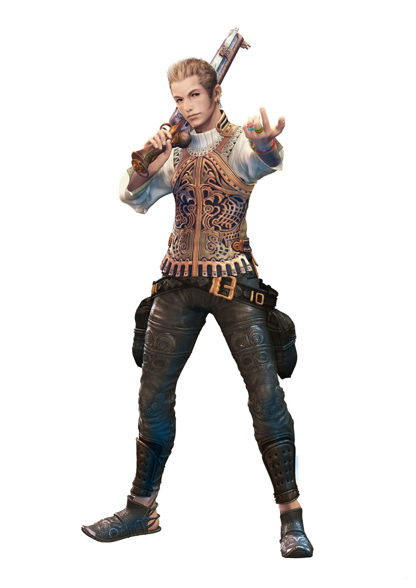 1boy balflear belt black_pants blonde_hair bracelet cg earrings final_fantasy final_fantasy_xii full_body gesture gun highres ivalice_alliance jewelry leather leather_pants looking_at_viewer male male_focus official_art pants ring shirt simple_background solo standing transparent_background vest weapon white_background white_shirt