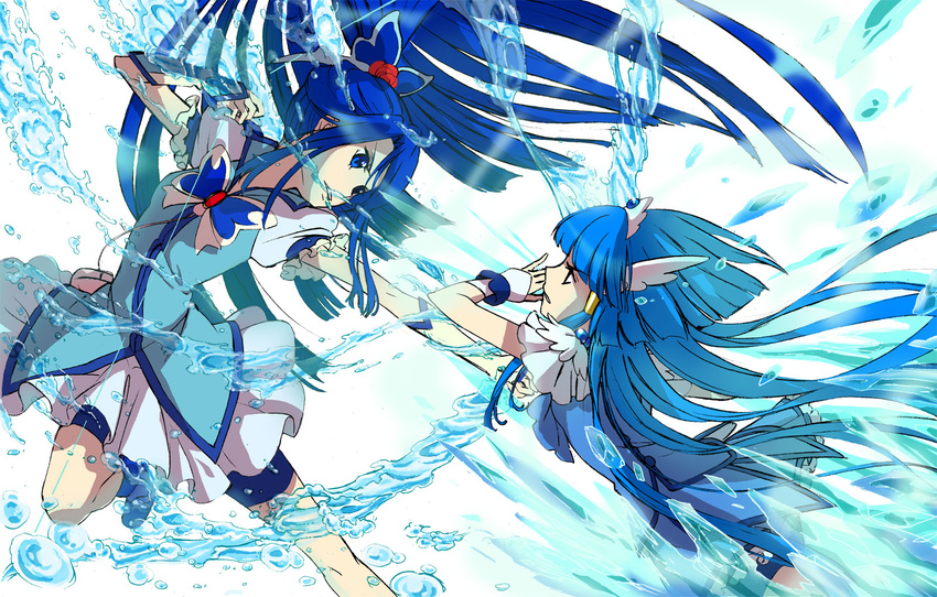 aoki_reika battle bike_shorts blue blue_eyes blue_hair blue_shorts blue_skirt bow_(weapon) brooch butterfly_hair_ornament color_connection creator_connection cure_aqua cure_beauty duel flower hair_ornament hair_tubes harekawa head_wings highres ice jewelry long_hair magic magical_girl minazuki_karen multiple_girls ponytail power_connection precure red_flower red_rose rose serious shoes shorts shorts_under_skirt sidelocks skirt smile_precure! tiara water weapon white_background wide_ponytail wrist_cuffs yes!_precure_5