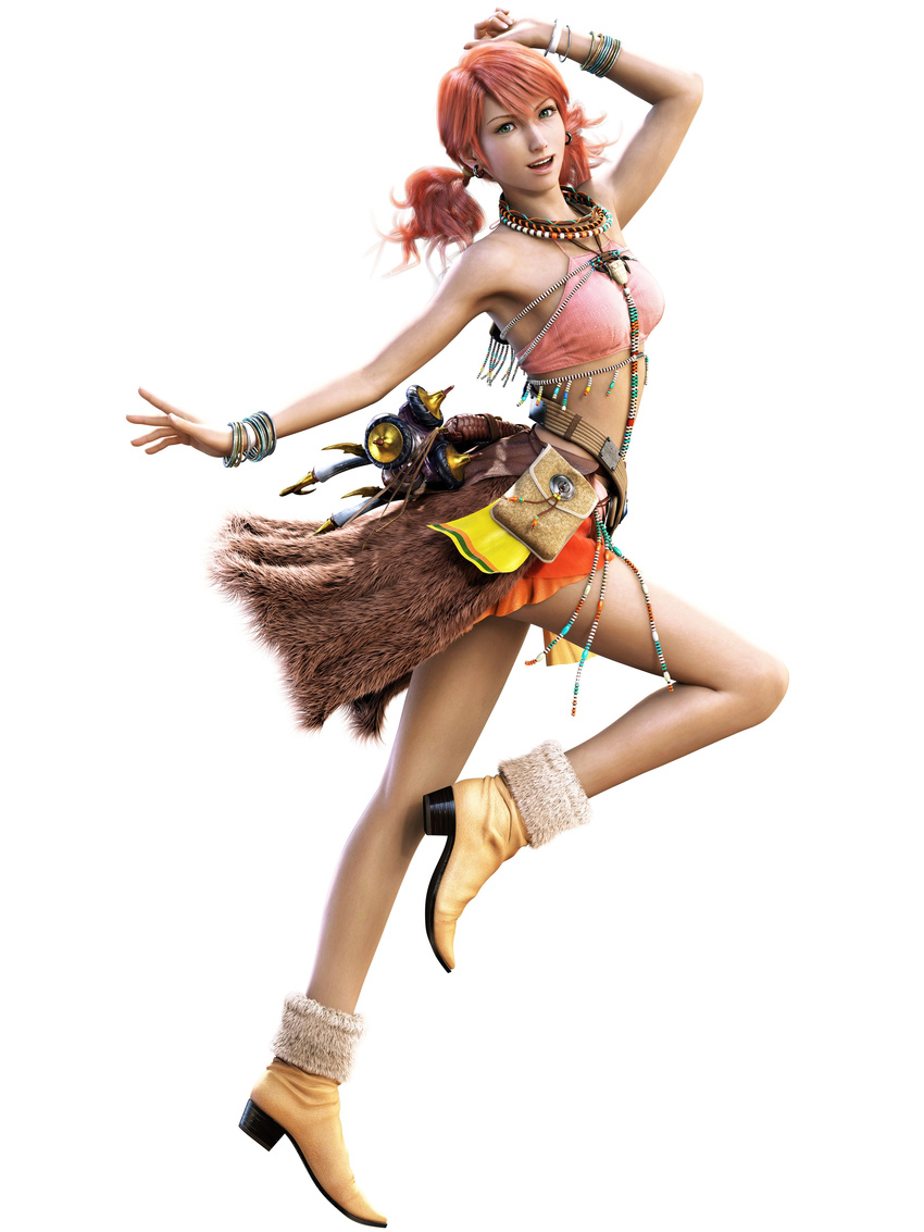 1girl 3d absurdres armpits bare_shoulders beads belt boots bracelet earrings female final_fantasy final_fantasy_xiii full_body fur green_eyes halter_top halterneck highres jewelry midriff miniskirt necklace oerba_dia_vanille official_art pink_hair pose red_hair short_twintails simple_background skirt smile solo tank_top tubetop twintails white_background