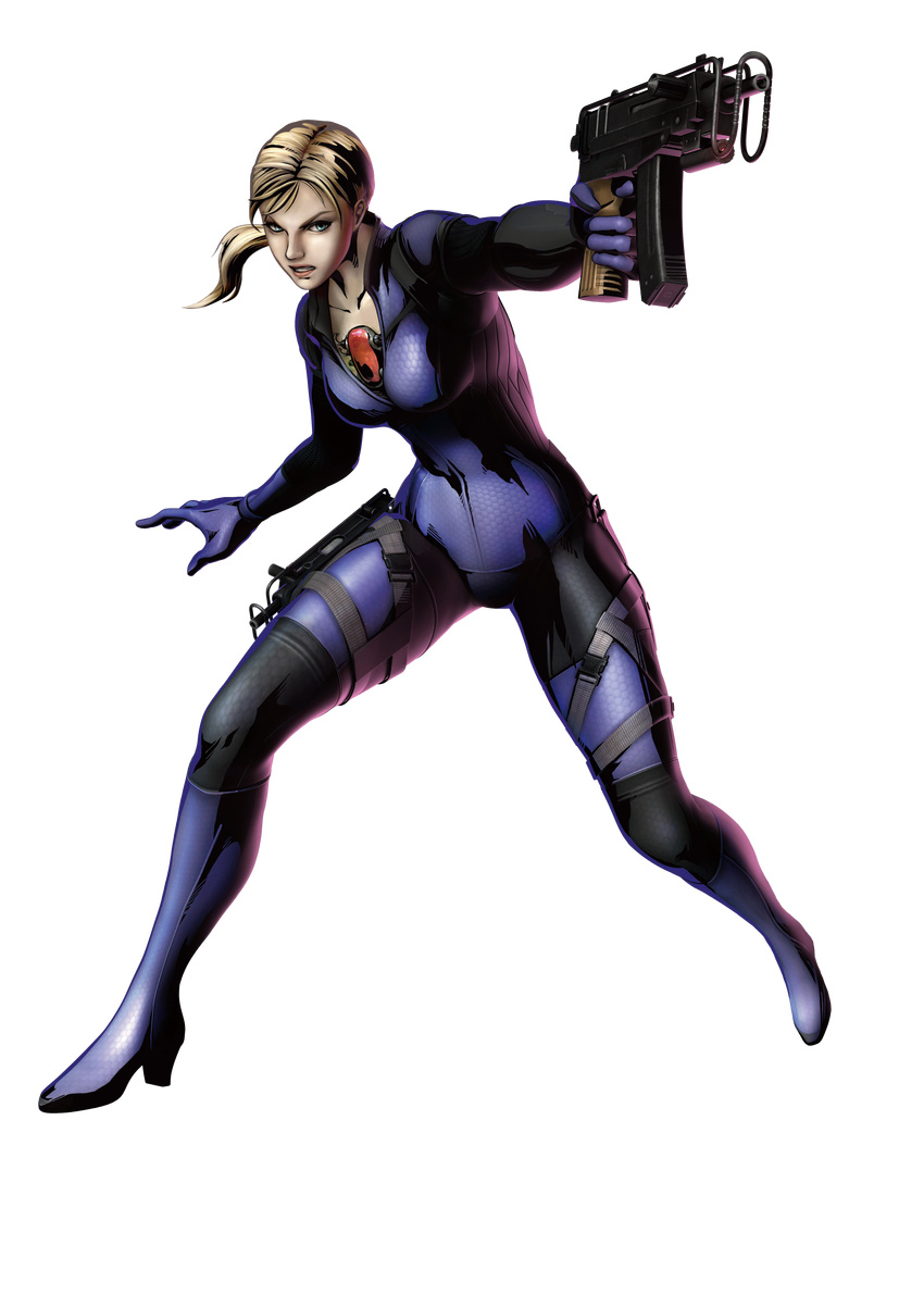 3d absurdres blonde_hair bodysuit capcom gun highres jill_valentine marvel marvel_vs._capcom marvel_vs._capcom_3 marvel_vs_capcom marvel_vs_capcom_3 mori_toshiaki official_art ponytail resident_evil resident_evil_5 shinkiro skin_tight skorpion_vz._61 submachine_gun thigh_strap weapon