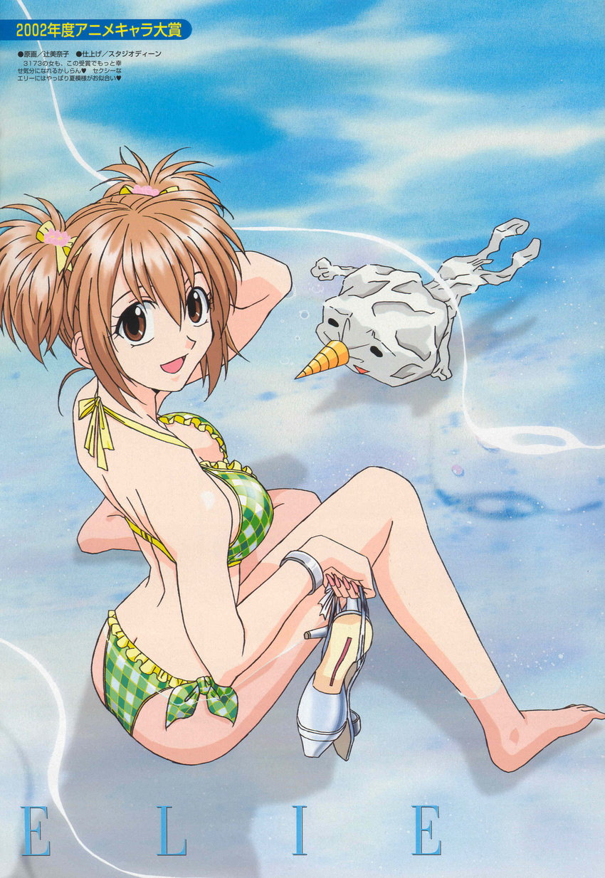 1girl 2002 :d =_= absurdres arched_back arm_behind_head arm_up arms ass back bangs bare_shoulders barefoot beach bikini black_eyes bracelet breasts brown_eyes brown_hair bubble butt_crack character_name cleavage down_blouse downblouse drill elie feet feet_in_water fingernails floating flower frilled_bikini frills from_above from_behind green_bikini hair_between_eyes hair_flower hair_ornament hair_ribbon halterneck hands happy heart high_heels highres holding jewelry legs long_fingernails long_image looking_at_viewer looking_back medium_breasts megami nail_polish no_pupils nose ocean official_art open_mouth outdoors partially_submerged payot pink_nails plaid plaid_bikini plue pov rave ribbon scan shadow shiny shiny_hair shiny_skin shoes shoes_removed short_hair short_twintails side-tie_bikini sideboob sidelocks sitting smile soaking_feet solo swimming swimsuit tall_image text thighs toes tsuji_minako twintails water