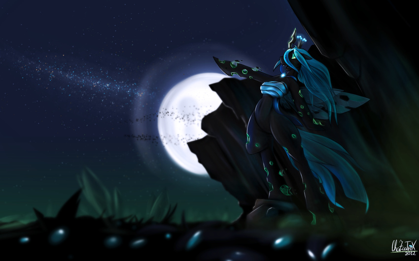 anthro anthrofied bioluminescence black black_body blue_hair canyon changeling chazcatrix clothing crowd crown equine fangs female flying friendship_is_magic full_moon glowing green_eyes hair horn horse long_hair moon my_little_pony night outside pose queen_chrysalis_(mlp) running standing stars unicorn wallpaper widescreen winged_unicorn wings zerg_rush