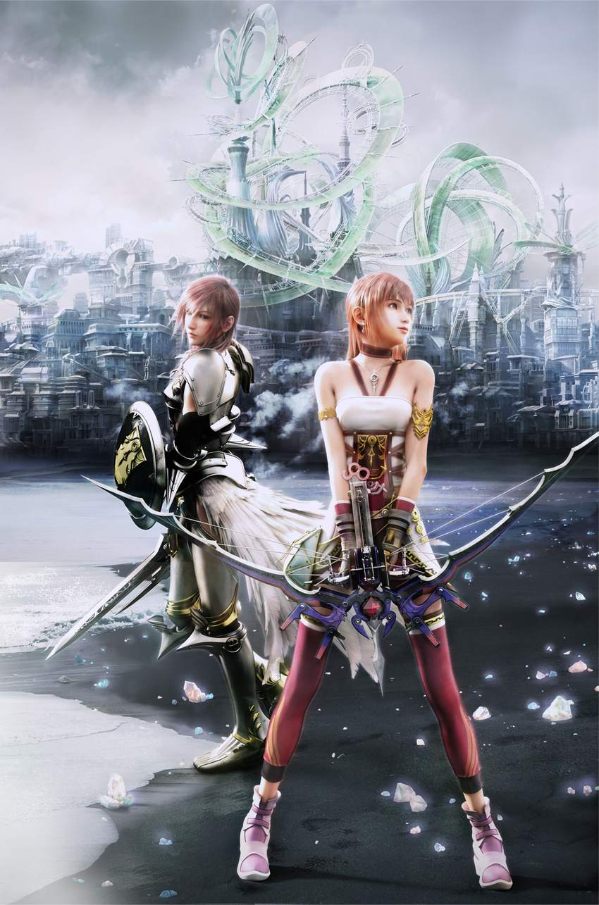 2girls 3d absurdres armor bow_(weapon) breastplate building crossbow earrings farron feathers final_fantasy final_fantasy_xiii final_fantasy_xiii-2 highres jewelry lightning_farron long_hair multiple_girls necklace official_art pink_hair serah_farron shield siblings sisters sword weapon