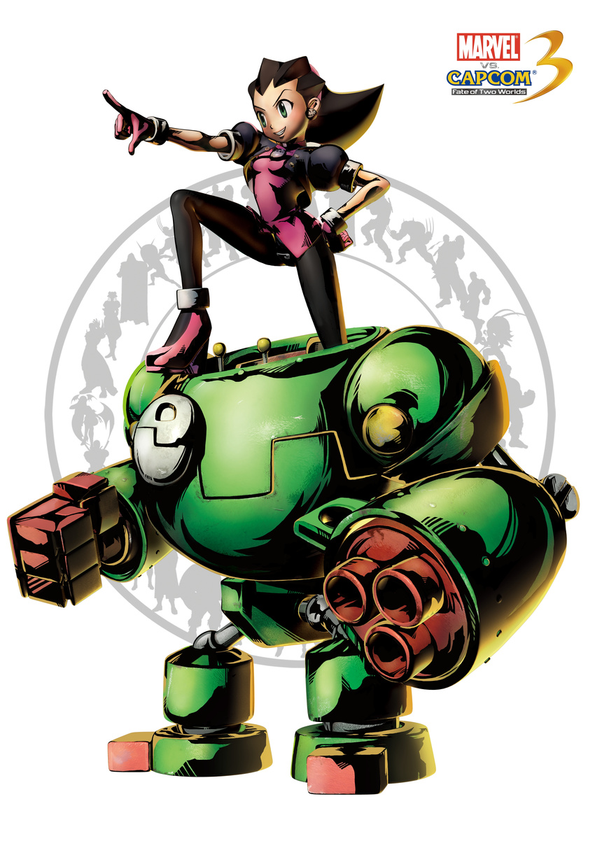 absurdres brown_hair capcom crossover earrings gloves green_eyes hairband highres jacket jewelry marvel marvel_vs._capcom marvel_vs._capcom_3 marvel_vs_capcom marvel_vs_capcom_3 mecha official_art pantyhose pointing rockman rockman_dash style_clash tron_bonne