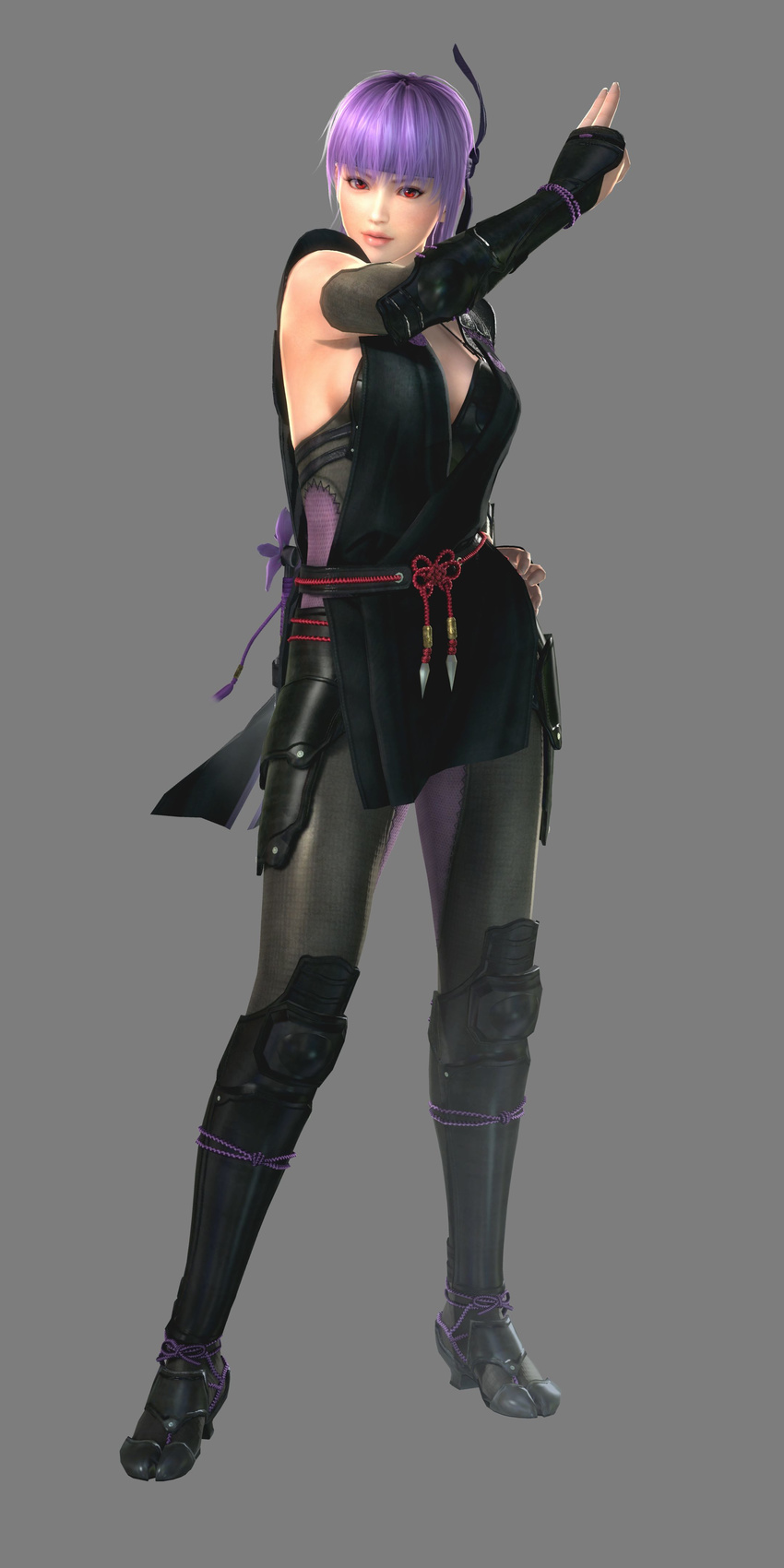 arm_guard arm_guards ayane ayane_(doa) breasts city cleavage dead_or_alive dead_or_alive_5 elbow_gloves gloves headband highres kunai large_breasts ninja official_art purple_hair red_eyes short_hair split-toe_footwear sweat tecmo vest weapon