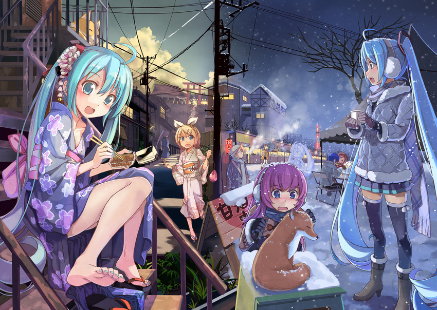 4girls ahoge amazake_(drink) aqua_eyes aqua_hair barefoot beek black_gloves black_legwear blonde_hair blue_eyes blush boots breasts cleavage coat feet festival fingernails fox gloves gumi hair_ornament hairclip hatsune_miku headphones highres japanese_clothes kagamine_len kagamine_rin kaito kamui_gakupo kimono long_hair megurine_luka meiko multiple_boys multiple_girls nail_polish obi open_mouth pink_hair pleated_skirt sandals sash scarf short_hair skirt small_breasts snow soles summer thighhighs toenail_polish toenails toes tokyo_tower torii twintails very_long_hair vocaloid winter yakisoba yukata zettai_ryouiki