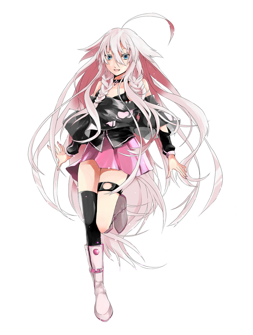 absurdres ahoge bad_id bad_pixiv_id bare_shoulders blue_eyes boots braid full_body highres ia_(vocaloid) long_hair looking_at_viewer mismatched_legwear off_shoulder open_mouth pink_hair saihate_(d3) simple_background single_thighhigh skirt smile solo thigh_strap thighhighs twin_braids very_long_hair vocaloid