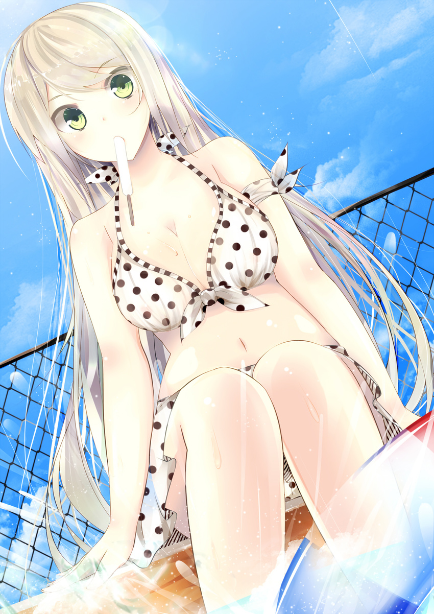 absurdres ball benio_(dontsugel) bikini breasts cleavage food green_eyes highres ice_cream large_breasts long_hair mouth_hold original polka_dot polka_dot_bikini polka_dot_swimsuit popsicle silver_hair sitting solo swimsuit water white_hair