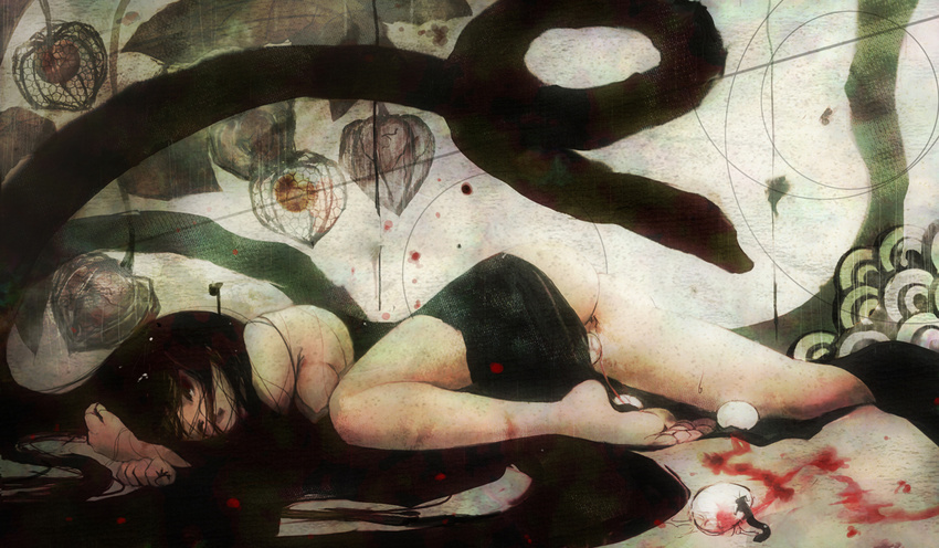 black_hair blood breasts copyright_request egg egg_laying funakura lying medium_breasts snake solo