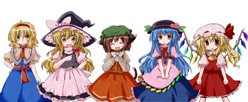 :d :t ^_^ alice_margatroid animal_ears blonde_hair blue_hair bow brown_eyes brown_hair capelet cat_ears cat_tail chen closed_eyes dress flandre_scarlet food fruit futami_yayoi hat hat_bow hat_ribbon highres hinanawi_tenshi jewelry kirisame_marisa long_hair multiple_girls open_mouth peach pout ribbon side_ponytail simple_background single_earring smile tail touhou white_background white_bow wings witch_hat yellow_eyes