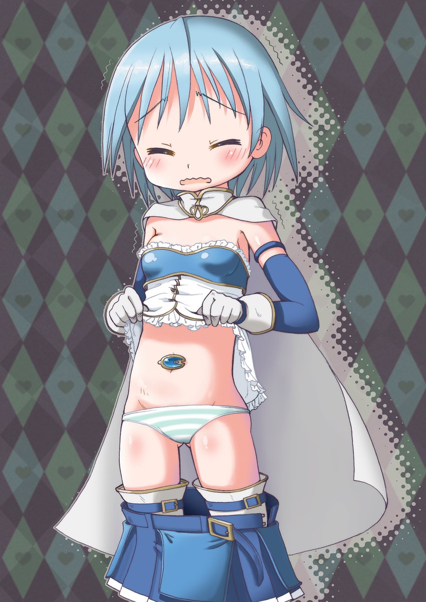 armband blue_hair cape closed_eyes gloves hatomugi_(mamotan) highres magical_girl mahou_shoujo_madoka_magica miki_sayaka panties shirt_lift short_hair skirt solo soul_gem striped striped_panties thighhighs underwear wavy_mouth