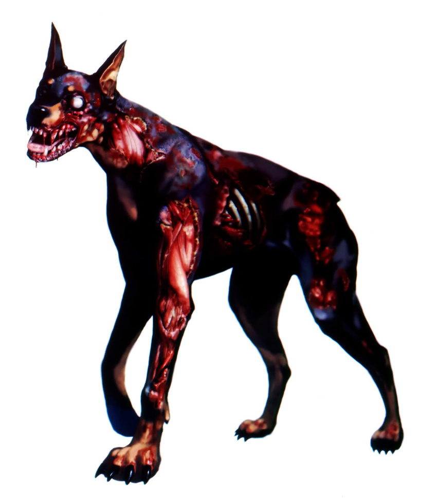 animal blood bone capcom cerberus doberman dog highres injury monster muscle mutant resident_evil ribs simple_background solo tongue white_background white_eyes zombie