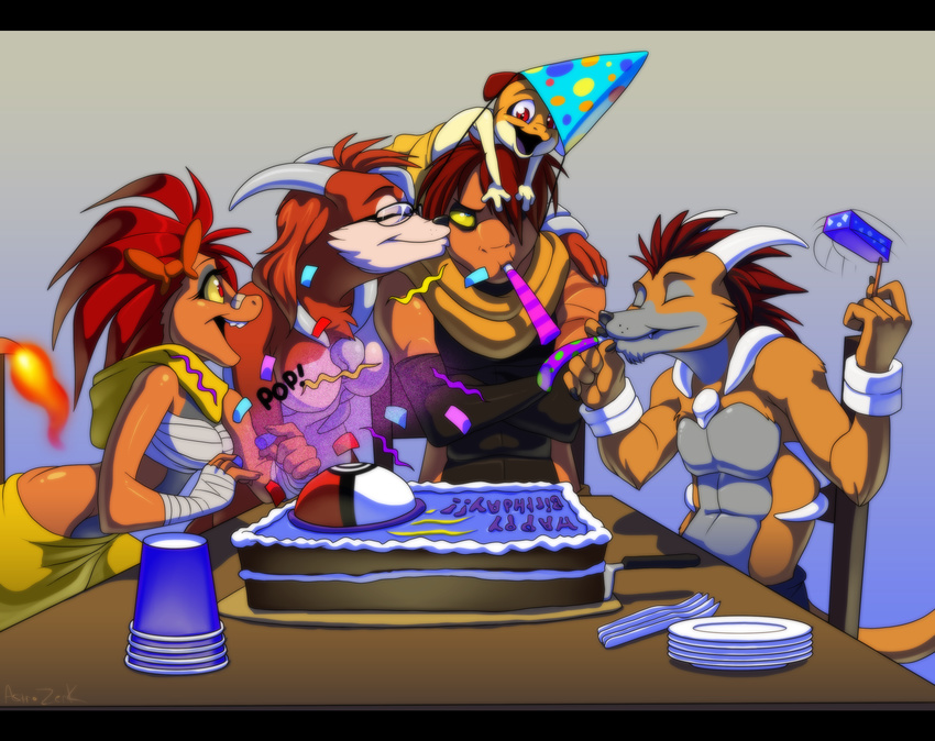 baby birthday blue_eyes cake canine cups eyes_closed eyewear family father female food glasses houndoom hybrid knives lizard male mammal mother nintendo parent party party_hat plates pok&#233;ball pok&#233;mon red_eyes reptile scalie scrafty scraggy table teenager video_games young