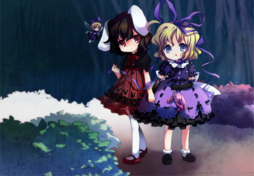 alternate_color amo animal_ears blonde_hair blue_eyes bow brown_hair bunny_ears child dress elbow_gloves full_body gloves hair_bow hair_ribbon highres inaba_tewi loafers mary_janes medicine_melancholy multiple_girls open_mouth pantyhose player_2 purple_dress red_eyes ribbon shoes short_hair socks stuffed_animal stuffed_bunny stuffed_toy su-san touhou white_legwear wings