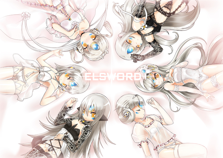 bad_id bad_pixiv_id bra camisole code:_architecture_(elsword) code:_electra_(elsword) code:_empress_(elsword) code:_exotic_(elsword) code:_nemesis_(elsword) copyright_name costume_chart elsword eve_(elsword) gloves highres lingerie long_hair multiple_persona panties poseich see-through short_hair underwear white white_background white_bra white_hair white_panties yellow_eyes