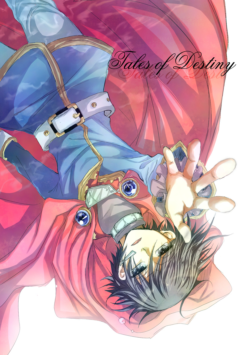 bad_id bad_pixiv_id black_hair cape coat copyright_name grey_eyes highres kazato_yuiri leon_magnus male_focus outstretched_hand pants pink_cape solo tales_of_(series) tales_of_destiny tears white_background