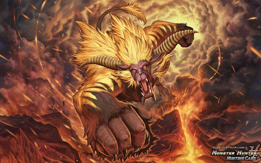 capcom clenched_hands fists fur highres horns monster monster_hunter no_humans official_art pelagus rajang red_eyes scar tail volcano