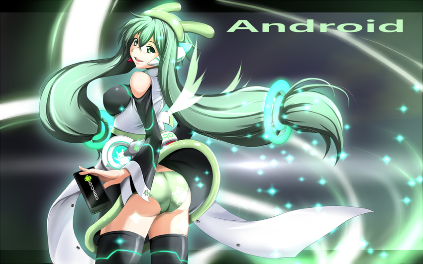 android_(os) ass black_legwear breasts cellphone detached_sleeves from_behind green_eyes green_hair green_panties long_hair looking_back mecha_musume medium_breasts miyabi_(miura105) panties personification phone smartphone smile solo thighhighs underwear very_long_hair wallpaper