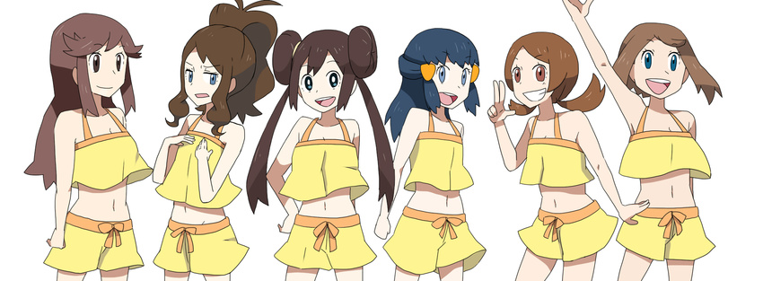 6+girls 6girls bare_shoulders blue_eyes blue_hair brown_hair female_protagonist_(pokemon_bw2) flat_chest happy haruka_(pokemon) highres hikari_(pokemon) long_hair mei_(pokemon) midriff multiple_girls navel open_mouth pokemon pokemon_(game) pokemon_bw pokemon_bw2 ribbon short_hair simple_background tank_top touko_(pokemon)