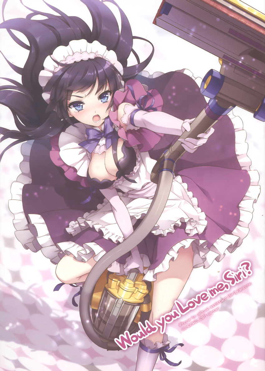 an2a apple_inc. apron bangs black_hair blue_eyes breasts cleavage cleavage_cutout dress dyson elbow_gloves gloves highres kneehighs large_breasts leg_up long_hair maid maid_headdress open_mouth pink_gloves pink_legwear scan siri solo tears vacuum_cleaner