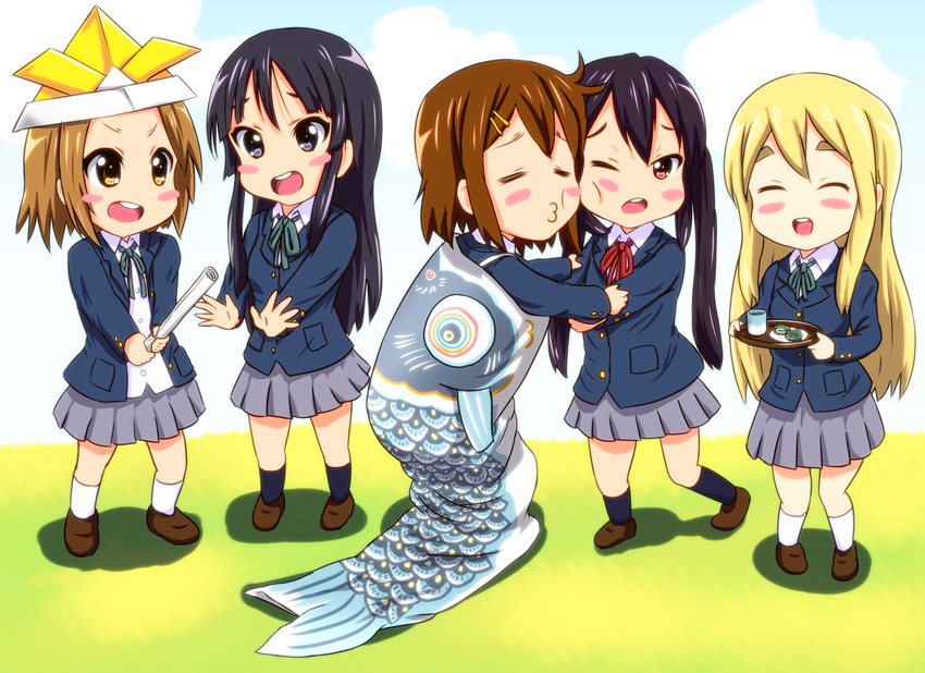 akiyama_mio black_eyes black_hair blonde_hair blush_stickers brown_eyes brown_hair carp chibi closed_eyes diesel-turbo food hat hirasawa_yui k-on! kashiwa_mochi_(food) kodomo_no_hi koinobori kotobuki_tsumugi long_hair mochi multiple_girls nakano_azusa origami paper_hat paper_kabuto school_uniform short_hair tainaka_ritsu twintails wagashi