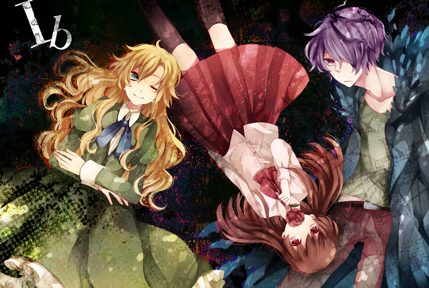 2girls blonde_hair brown_hair coat dress flower garry_(ib) green_dress green_eyes hair_over_one_eye ib ib_(ib) ichinose_(sorario) long_hair long_sleeves mary_(ib) multiple_girls one_eye_closed pants purple_eyes purple_hair red_eyes rose short_hair skirt wavy_hair