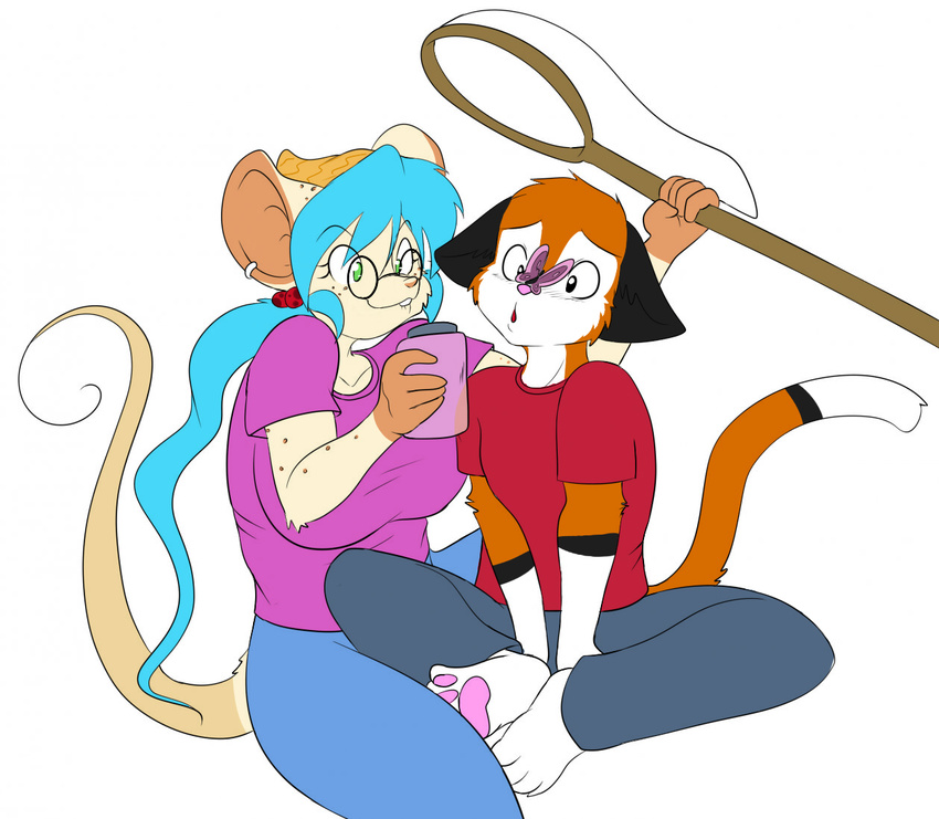 arthropod blue_hair breasts butterfly cat duo eyewear feline female freckles glasses green_eyes hair insect jar jasmine jasmine_(skidd) male mammal mouse net rodent skidd