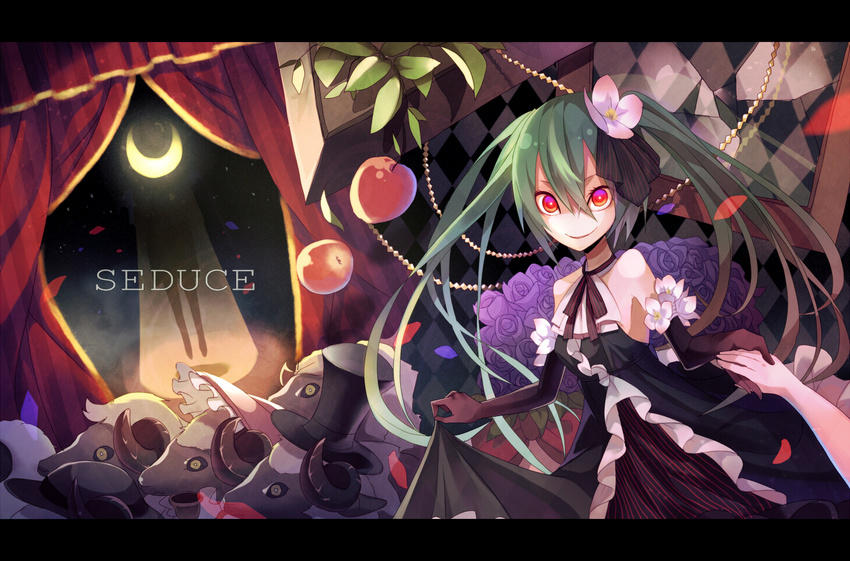 bad_id bad_pixiv_id banned_artist bare_shoulders dress dutch_angle elbow_gloves flower gloves green_hair hair_flower hair_ornament hat hatsune_miku holding_hands letterboxed long_hair red_eyes skirt_hold smile takagi_kyousuke top_hat twintails vocaloid