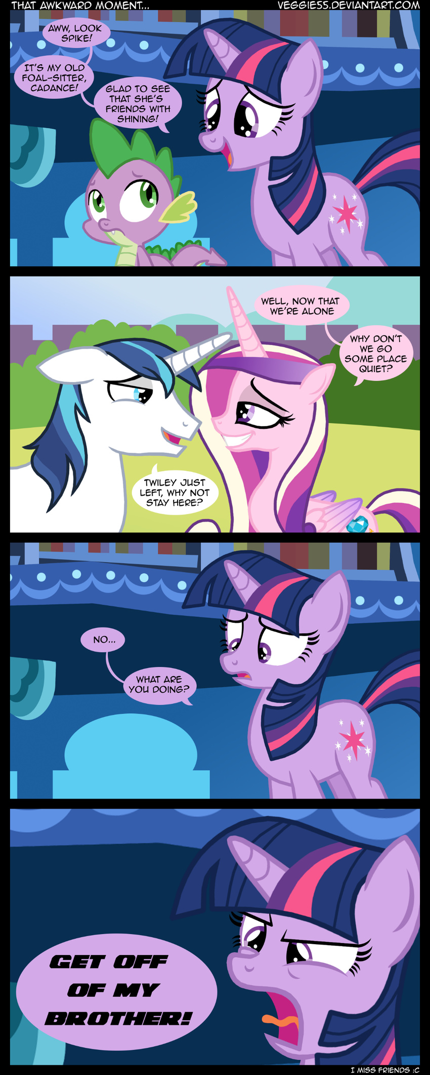 book comic cutie_mark dialog dialogue dragon english_text equine female feral friendship_is_magic green_eyes hair horn horse library male mammal multi-colored_hair my_little_pony outside pony princess_cadance_(mlp) princess_cadence_(mlp) shining_armor_(mlp) spike_(mlp) text tongue twilight_sparkle_(mlp) unicorn veggie55 winged_unicorn wings