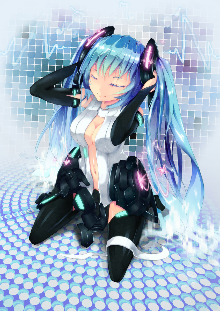 aqua_hair arms_up breasts bridal_gauntlets center_opening circle cleavage closed_eyes hatsune_miku hatsune_miku_(append) highres hundun_yinzi kneeling long_hair medium_breasts navel solo sparkle square thighhighs twintails very_long_hair vocaloid vocaloid_append
