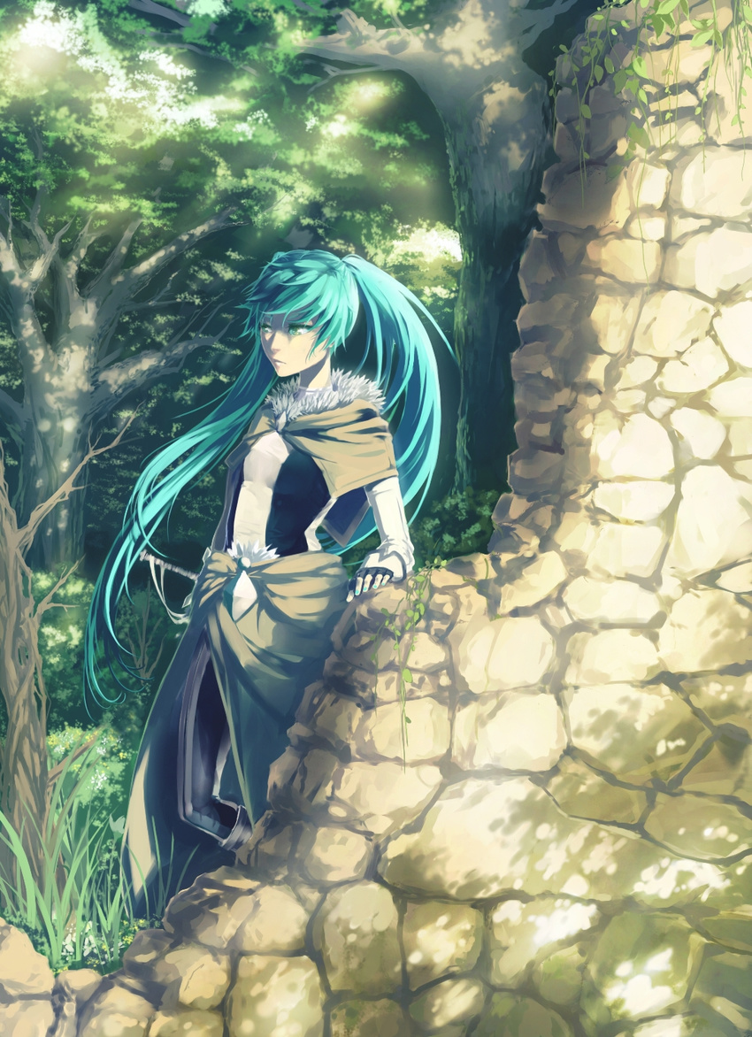 aqua_hair boots fingerless_gloves gloves green_eyes hatsune_miku highres ko2915277ok long_hair solo stone_wall tree twintails very_long_hair vocaloid wall